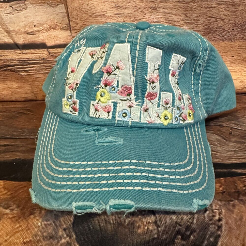 KBETHOS Vintage "Hey Y'all" Distressed Teal Floral Embroidered Baseball Cap Hat